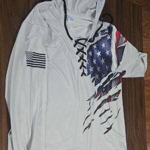 Men's White Hooded Lace-Up Shirt with American Flag Print